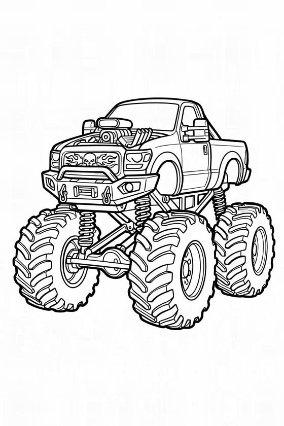 Free printable monster truck with skull and flame grille coloring page for kids. Download PDF.
