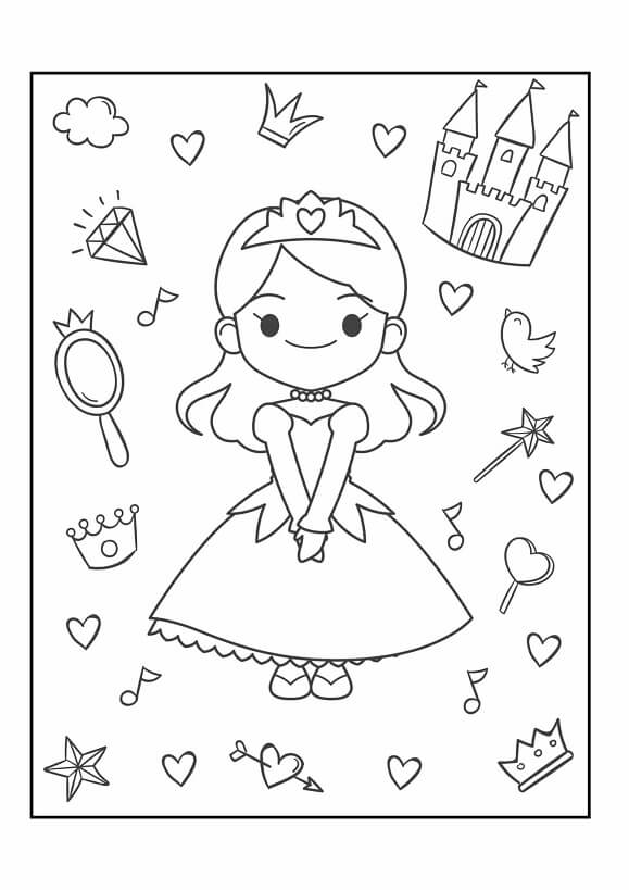 Free printable chibi princess with magic wands and hearts coloring page for kids. Download PDF.