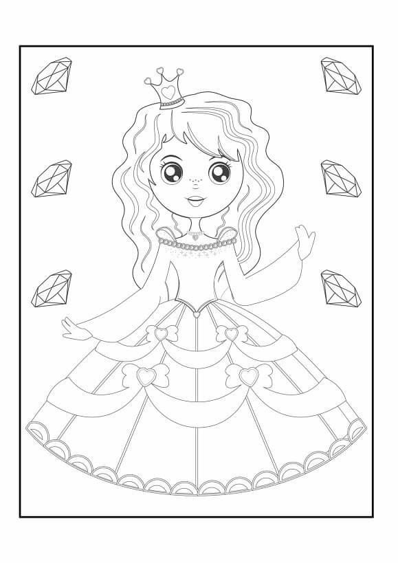 Free printable curly haired princess surrounded by diamonds coloring page for kids. Download PDF.