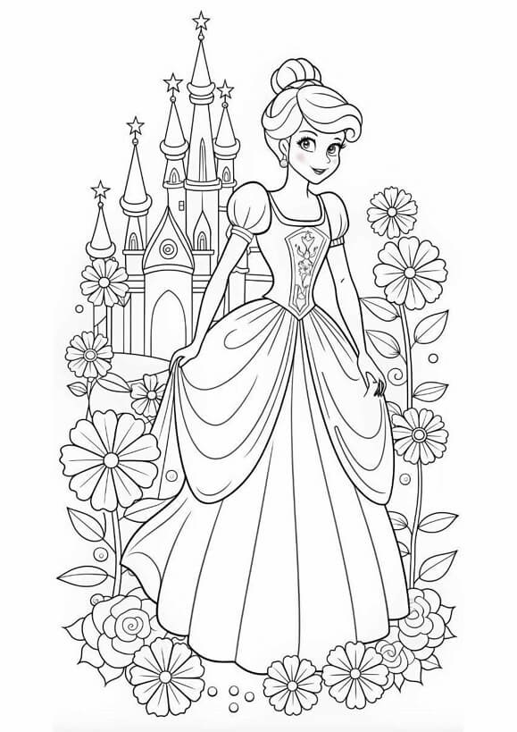 Free printable elegant princess in a flower garden coloring page for kids. Download PDF.