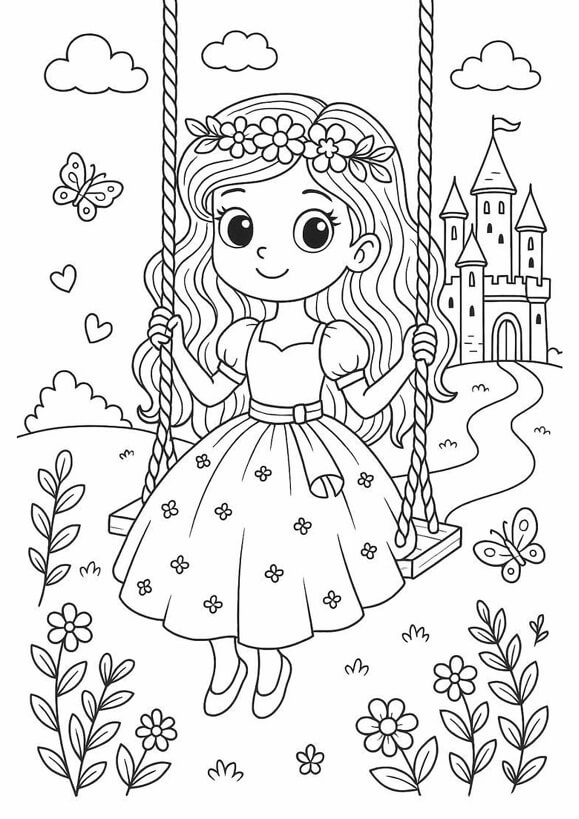 Free printable little princess on a swing with butterflies coloring page for kids. Download PDF.