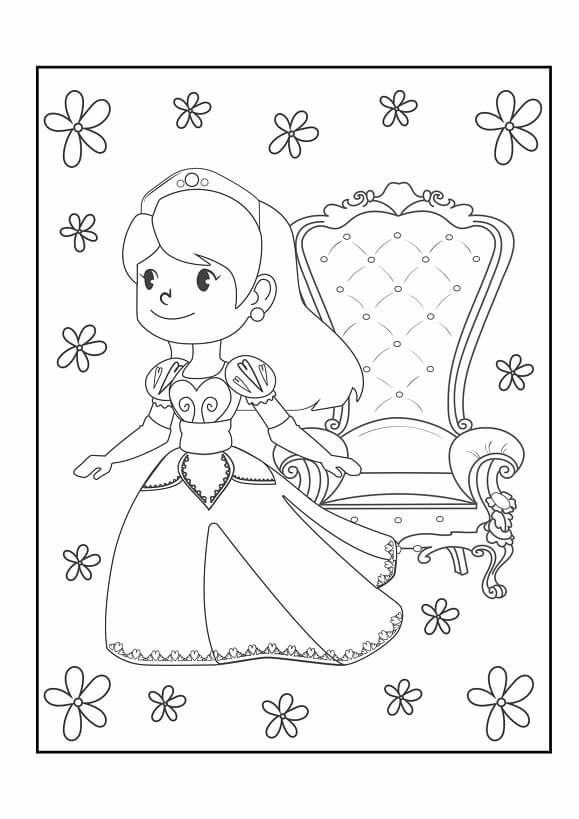 Free printable little princess standing beside a royal throne coloring page for kids. Download PDF.