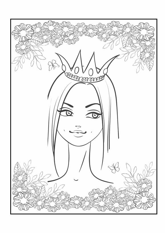 Free printable portrait of a princess with a floral border coloring page for kids. Download PDF.