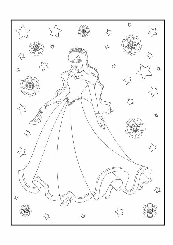 Free printable princess holding a slipper with star decorations coloring page for kids. Download PDF.