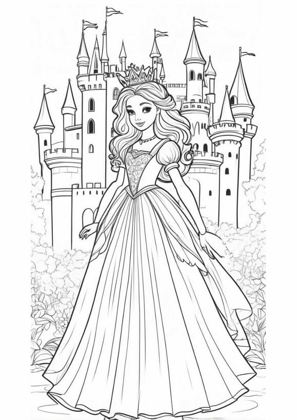 Free printable princess standing before a grand castle coloring page for kids. Download PDF.