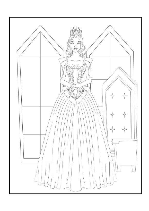Free printable royal princess in the palace throne room coloring page for kids. Download PDF.