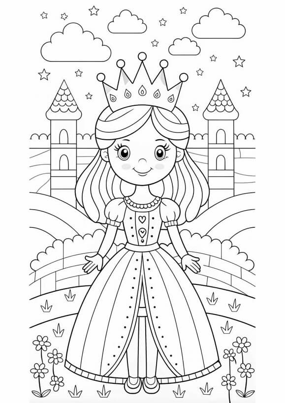 Free printable sweet princess with a large crown and stars coloring page for kids. Download PDF.