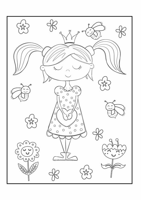 Free printable whimsical princess with pigtails and busy bees coloring page for kids. Download PDF.