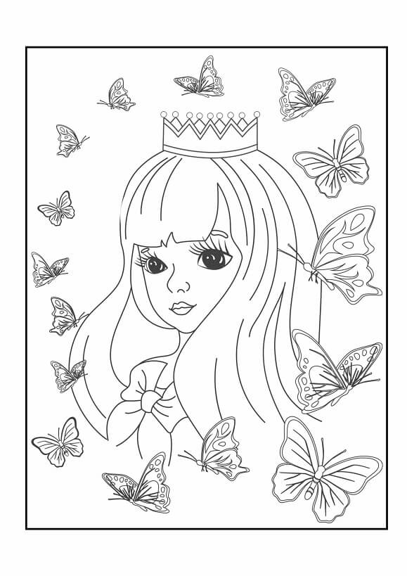 Free printable young princess surrounded by flying butterflies coloring page for kids. Download PDF.