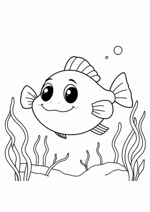 Free printable cute round fish with large eyes ocean & sea animals coloring page for kids. Download PDF.