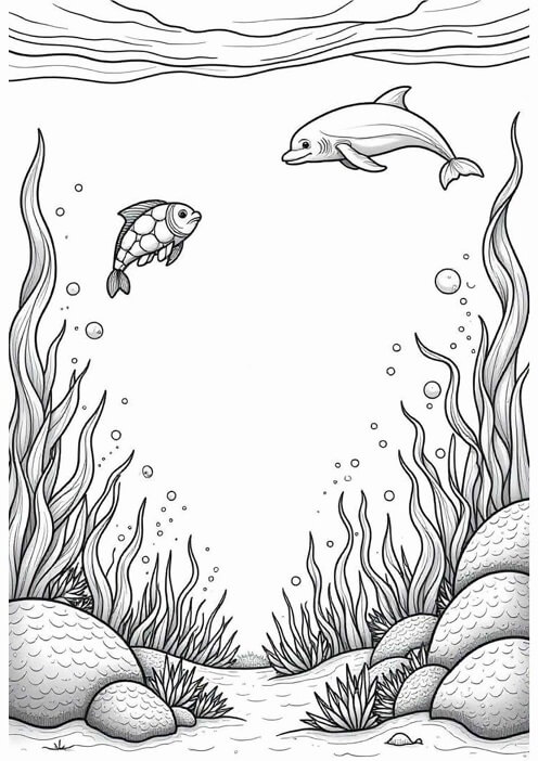 Free printable dolphin and fish swimming through seaweed ocean & sea animals coloring page for kids. Download PDF.