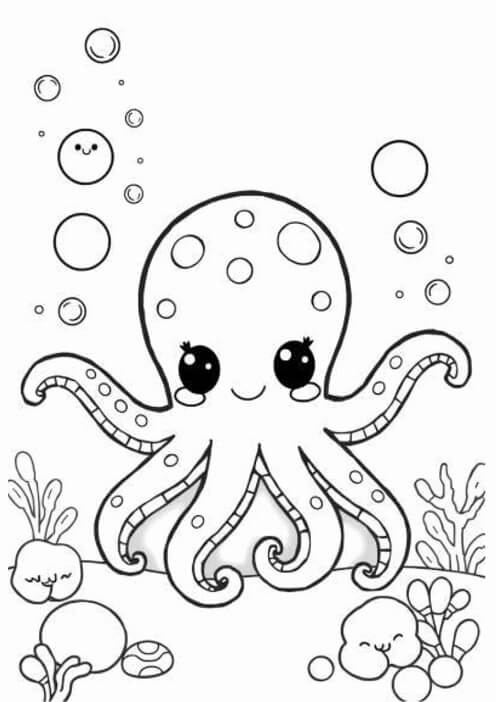 Free printable friendly cartoon octopus with bubbles ocean & sea animals coloring page for kids. Download PDF.
