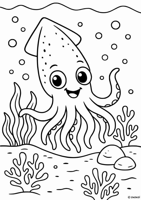 Free printable happy squid swimming above the sea floor ocean & sea animals coloring page for kids. Download PDF.