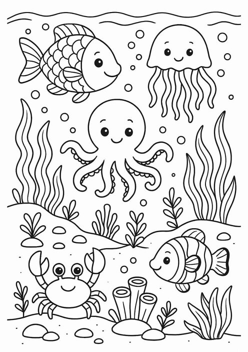 Free printable ocean life scene with fish octopus jellyfish and crab ocean & sea animals coloring page for kids. Download PDF.