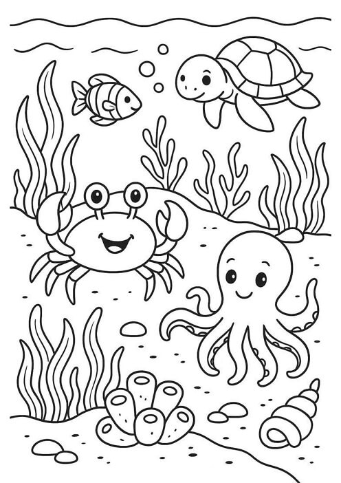 Free printable sea life gathering with turtle crab and octopus ocean & sea animals coloring page for kids. Download PDF.