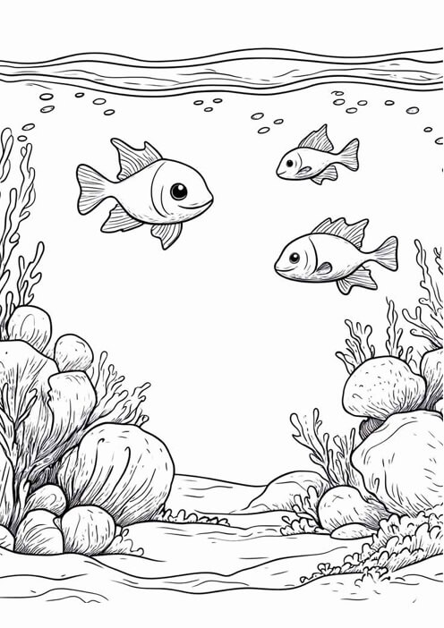 Free printable three fish swimming near coral reef ocean & sea animals coloring page for kids. Download PDF.