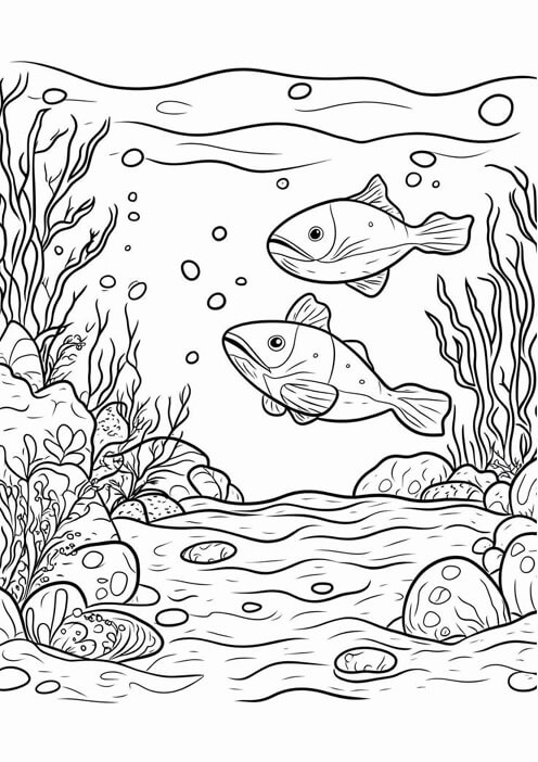 Free printable two large fish navigating under the sea ocean & sea animals coloring page for kids. Download PDF.